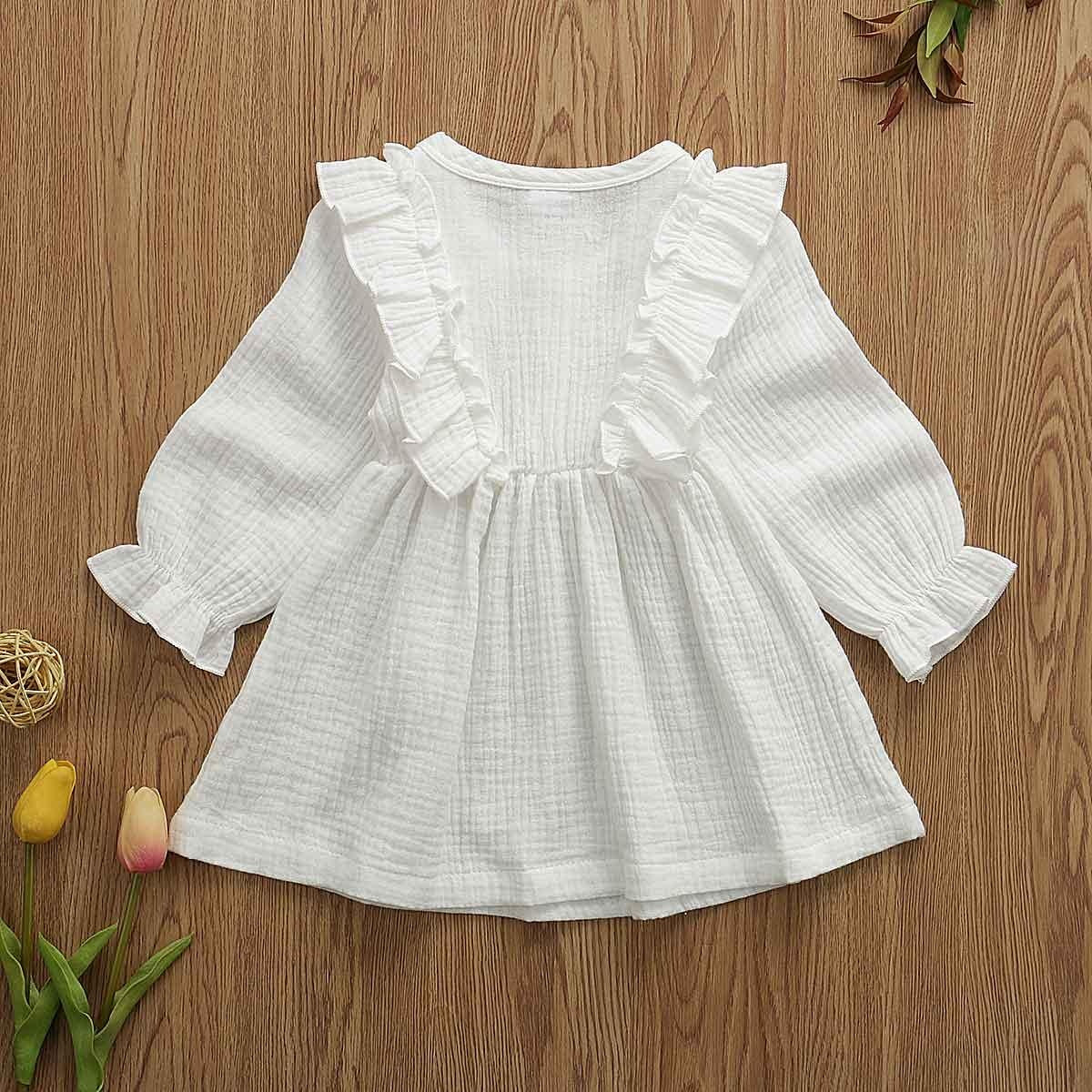 Toddler Kids Baby Girl Ruffles Long Sleeve Solid Linen Casual Dress 1-6Y - MomyMall