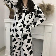 Plus Size Cow Print 2 Piece Trouser Pyjama Set - MomyMall BLACK/WHITE / S