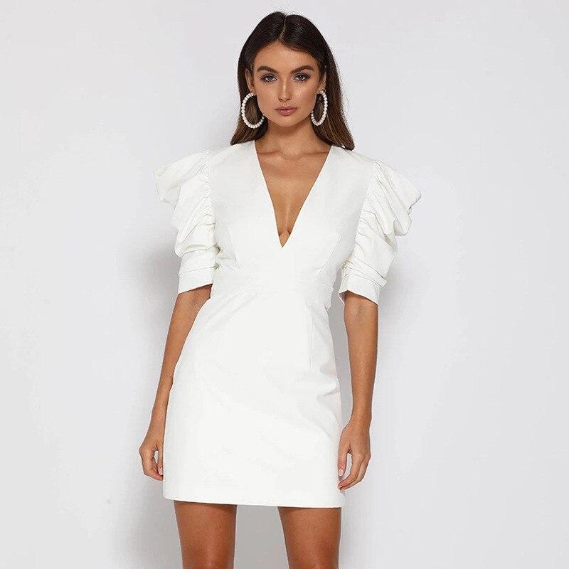 V-Neck Backless Mini Dress - 3/4 Sleeve Puff Sleeve Dress - MomyMall