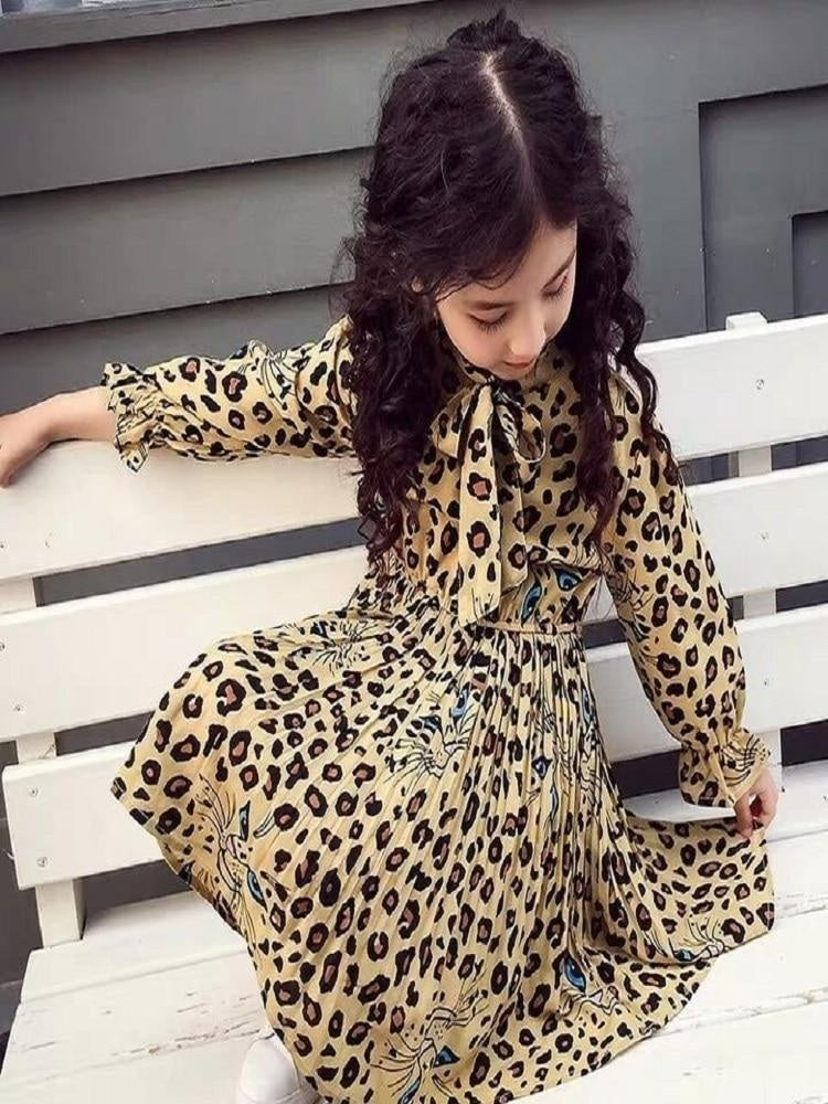 Girl Autumn Dress Fashion Leopard Printed Long Sleeved Dresses 2-12 Years - MomyMall