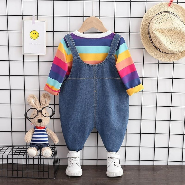 Kids Boy Girl Autumn Cotton Stripe Jacket Denim Bib 2Pcs/sets - MomyMall