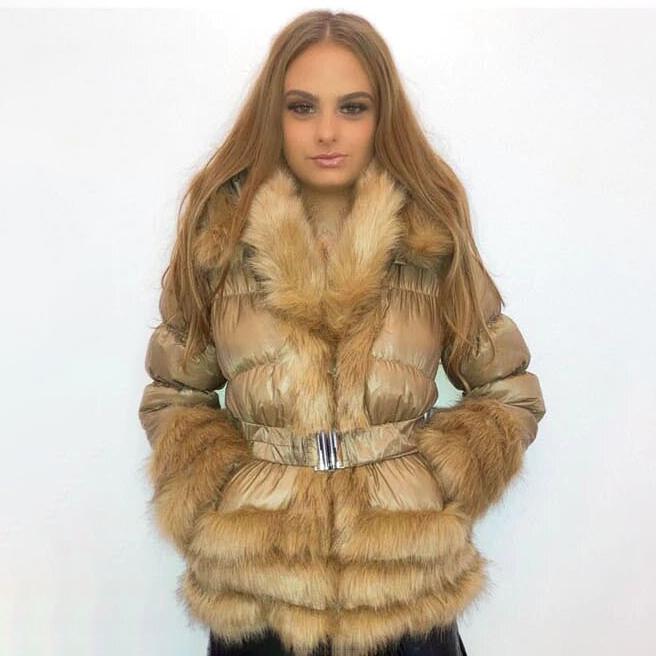 Faux Fur Trim Down Winter Down Coat With Hood and Belt