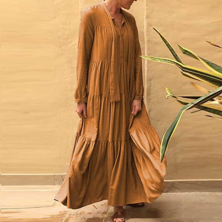 Plus Size Long Sleeve Maxi Dress - Tie Front Tiered Dress - MomyMall BROWN / S
