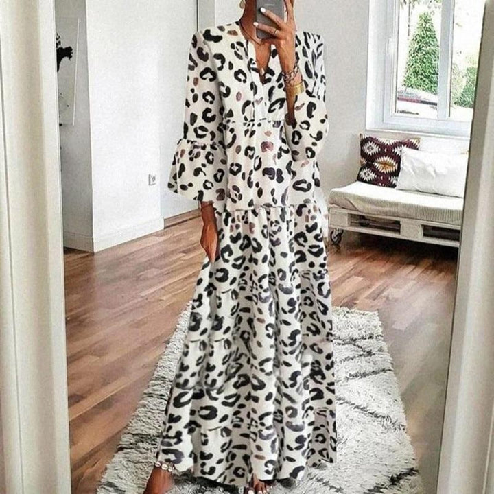 V-Neck Leopard Flare Sleeve Vintage Maxi Dress - Long Sleeve Smock Dress - MomyMall WHITE / S