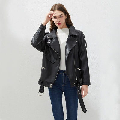 Faux Leather Oversized Biker Jacket With Belt