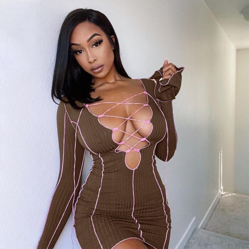 Lace Up Ribbed Long Sleeve Bodycon Mini Dress