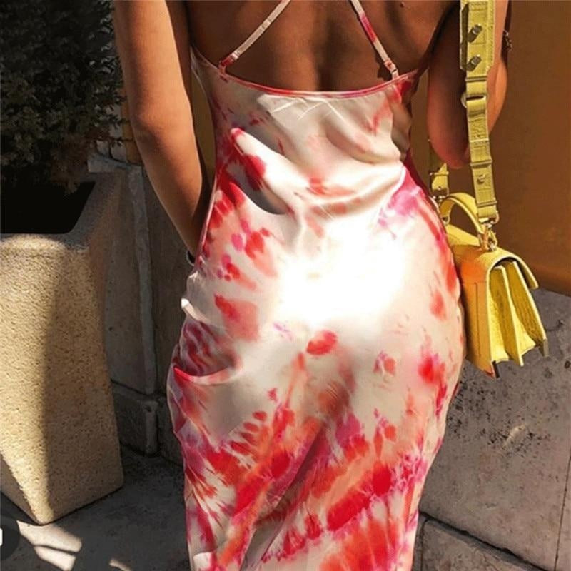 Satin Tie Dye Spaghetti Strap Maxi Slip Dress - MomyMall