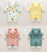 Newborn Infant Jumpsuit Warm Flannel Rompers Printed Hooded Outerwear - MomyMall