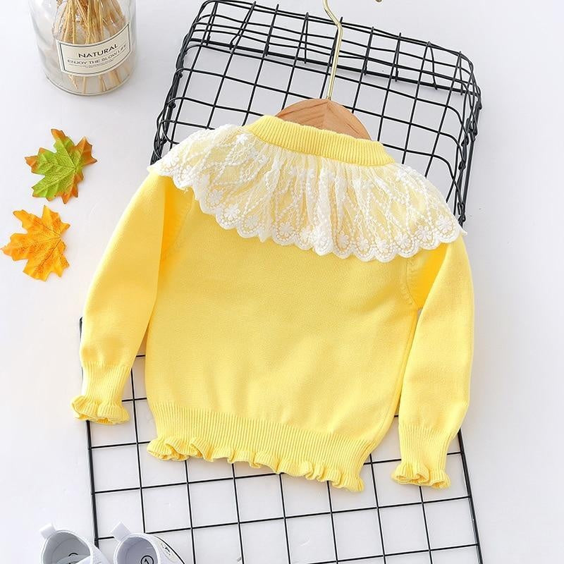 Autumn Winter Toddler Baby Girl Lace Collar Ruffled Solid Knitted Sweater - MomyMall