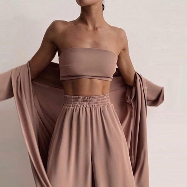3 Piece Oversized Loungewear Set - Strapless Crop Top & Trousers Co Ord - MomyMall BROWN / S