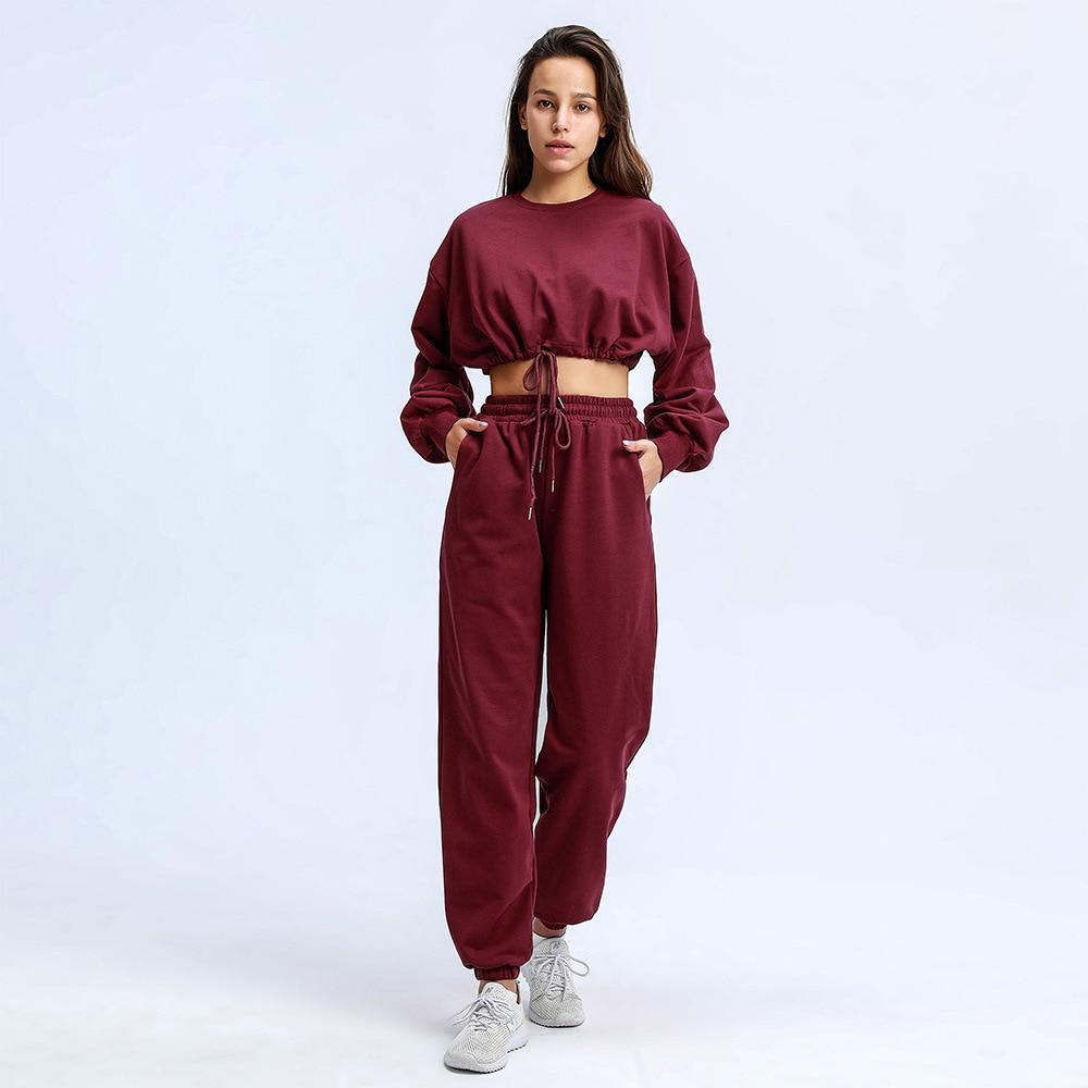 Long Sleeve Drawstring Hem Crop Top & High Waist Tracksuit - Basic Oversized Co-Ord