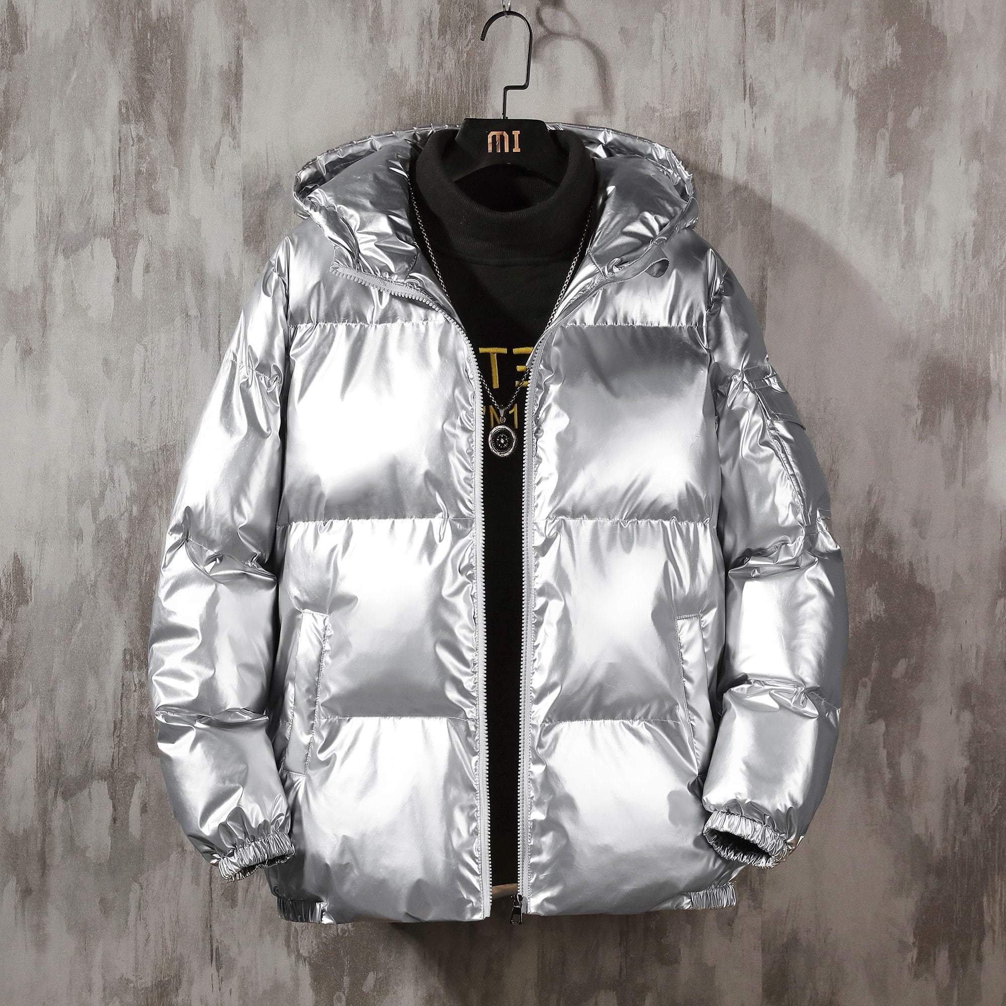 Glänzende Metallic-Pufferjacke in Übergröße mit Kapuze