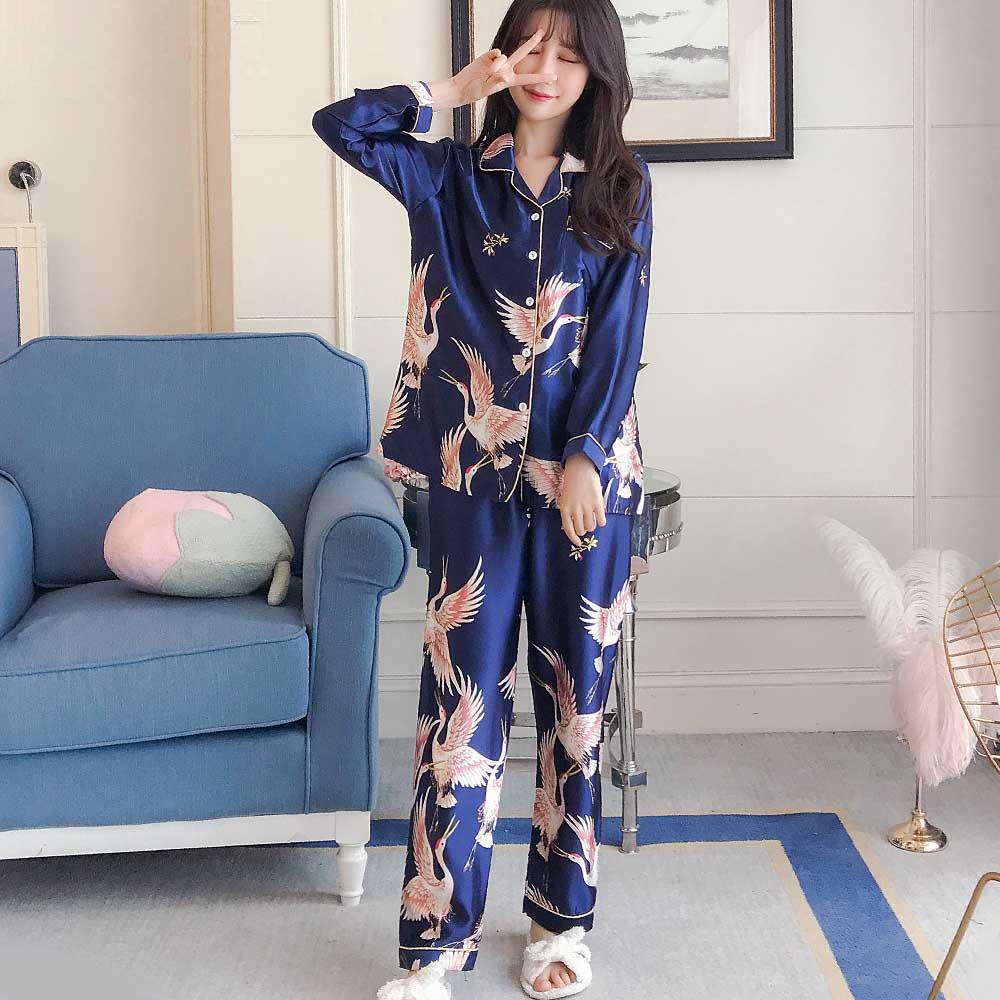 Plus Size Satin Printed 2 Piece Piped Pyjamas - MomyMall BLUE / S