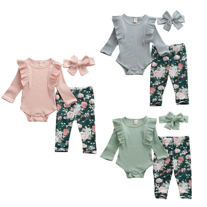 Baby Girl Solid Knitted Cotton Romper Tops Flower Print 3Pcs 0-3Years - MomyMall