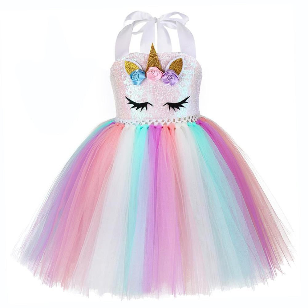 Girls Unicorn Birthday Tutu Sequin Pastel Dress With Headband Wing - MomyMall