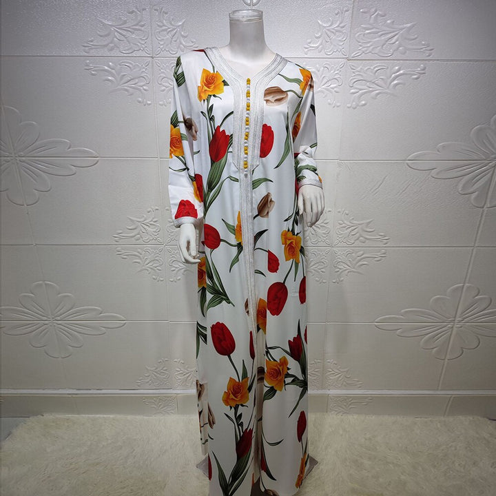Dresses White Floral Print Arabic Clothes - MomyMall
