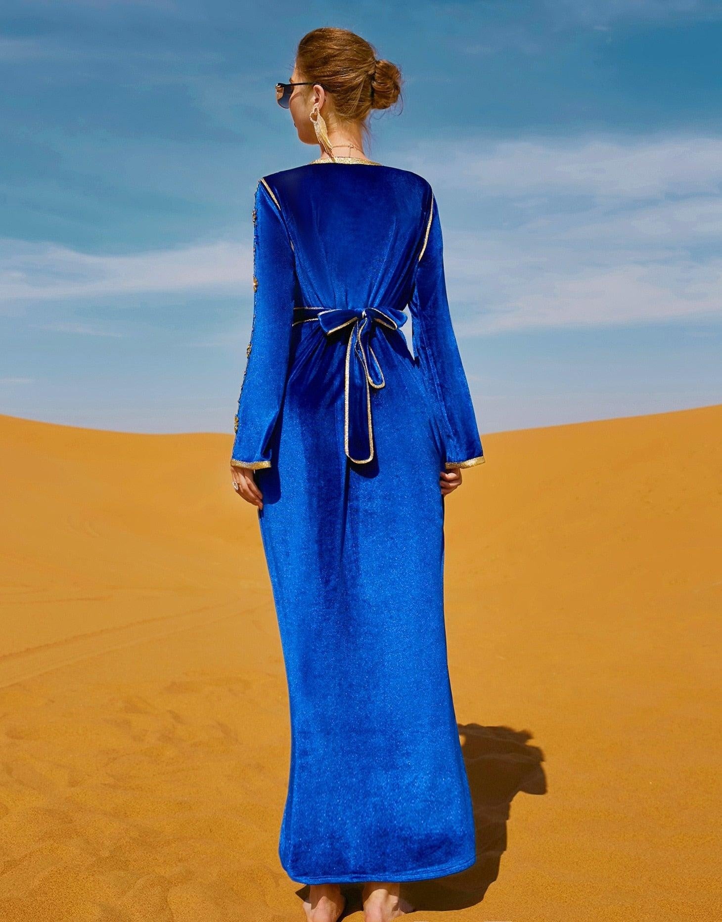 Luxury Morocco Caftan V Neck Long Royal Blue - MomyMall