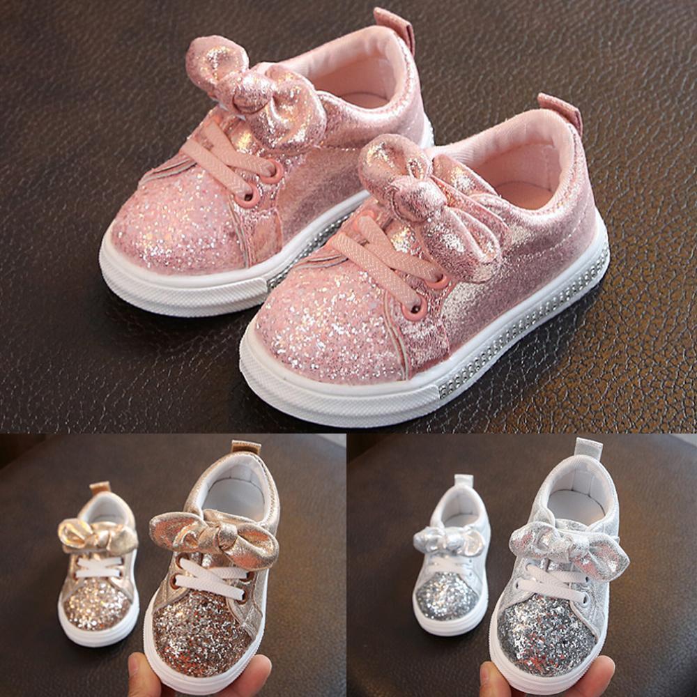 Kid Baby Girls Casual Sneaker Bow Sequin Anti Slip Shoes - MomyMall