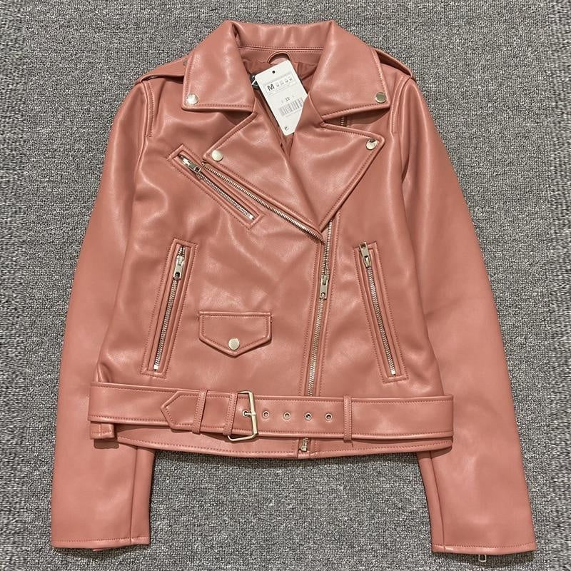 Basic Faux Leather Zipper Biker Jacket With Belt