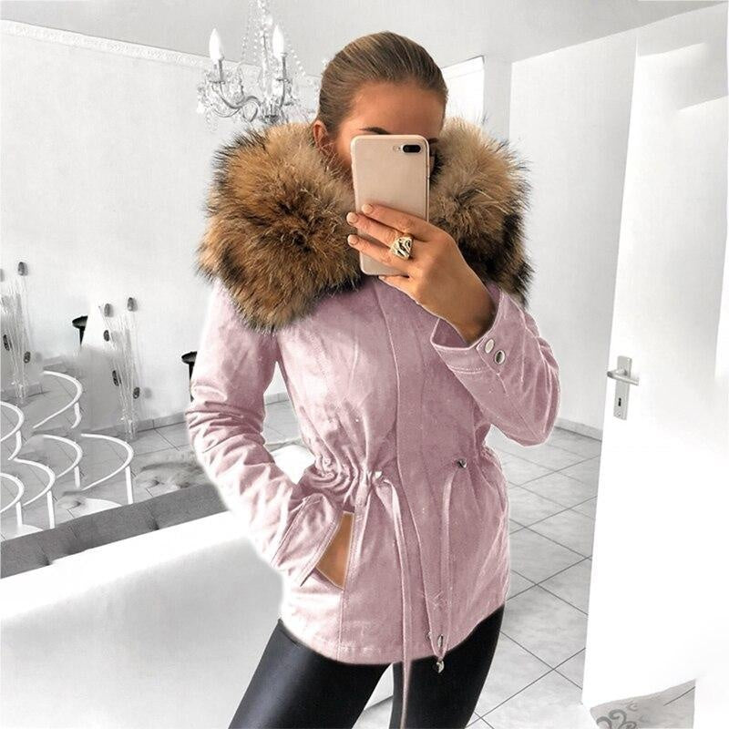 Big Faux Fur Trim Hooded Coat With Belt