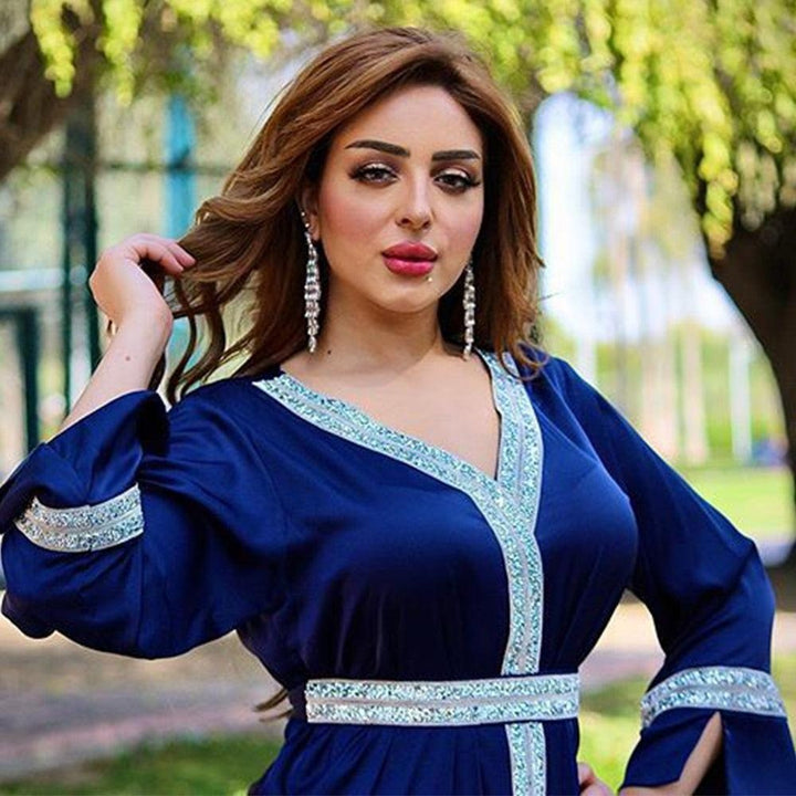 Arabic Diamond V Neck Long Sleeve Jalabiya - MomyMall Royal blue abaya / S