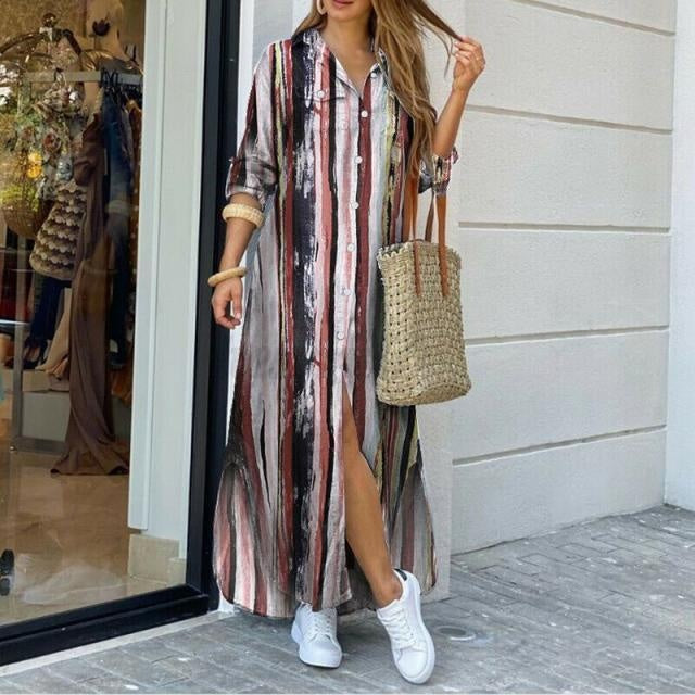 Striped Plus Size Long Sleeve Maxi Shirt Dress With Split - MomyMall BLACK/WHITE / S