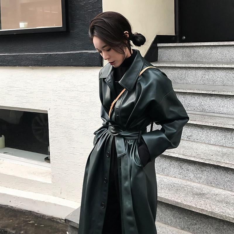 Belted Button Through Faux Leather Trench Coat