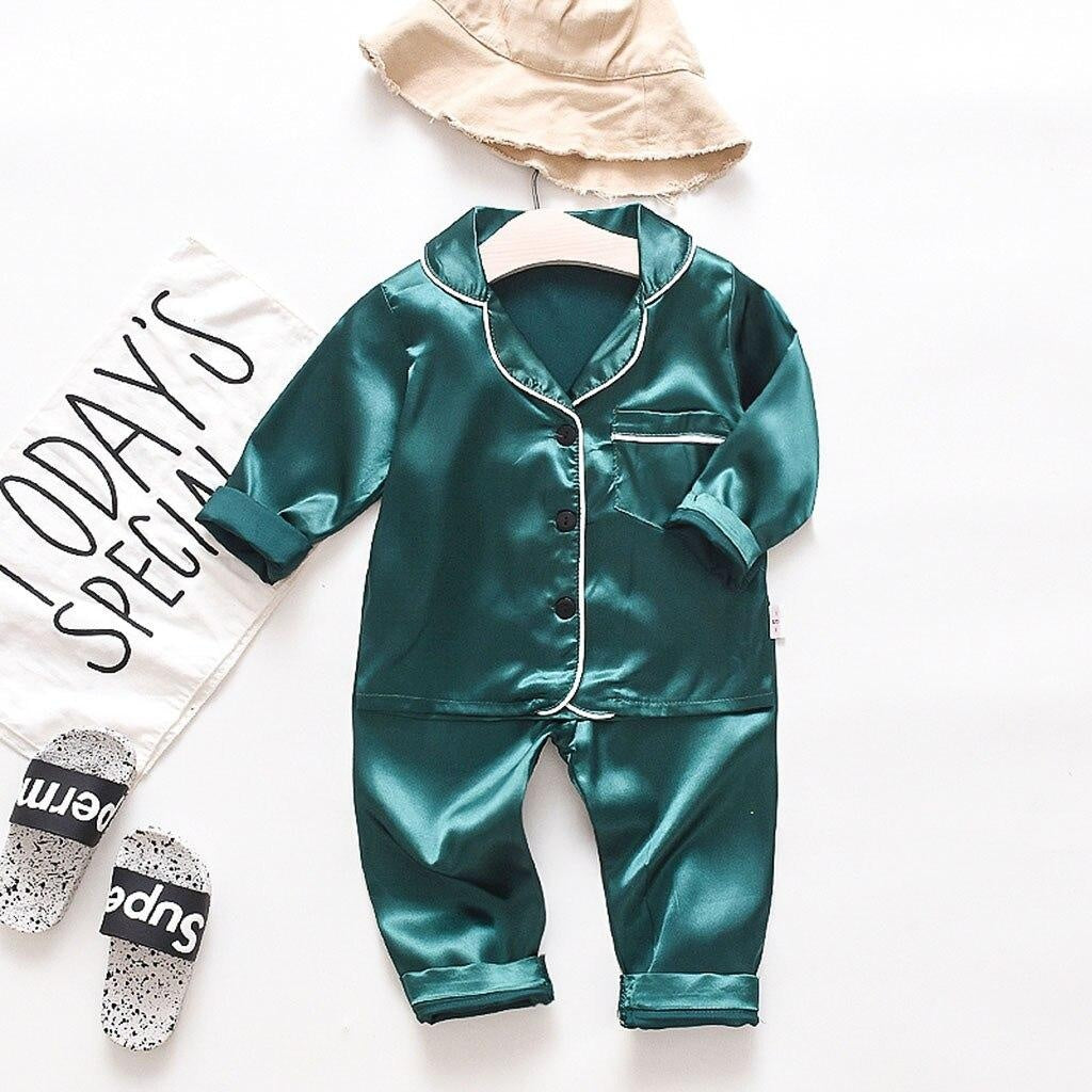 Toddler Baby Boys Long Sleeve Solid Pajamas Sleepwear 2 Pcs - MomyMall Green / 6-12M