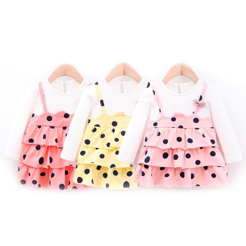 Baby Girls Dress Autumn Dot Pattern Pageant Sundress Leisure Fake 2 Pcs 0-4Years - MomyMall