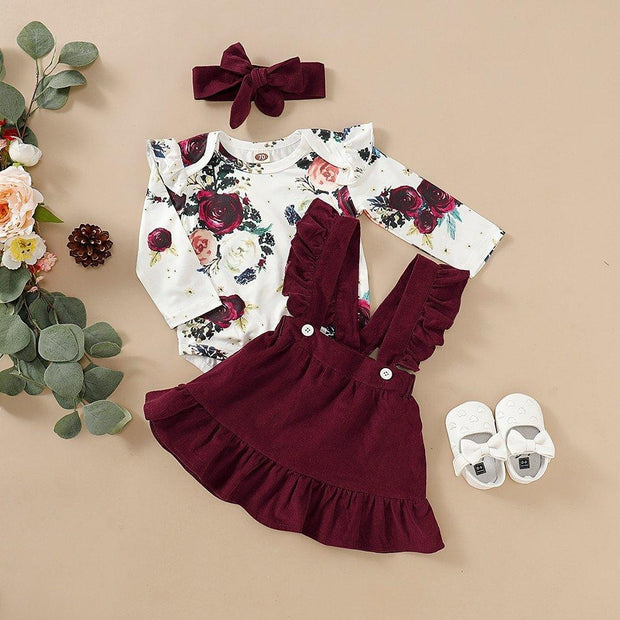 Sweet Baby Girl Long-Sleeve Floral Jumpsuit Dress Headband 3Pcs - MomyMall