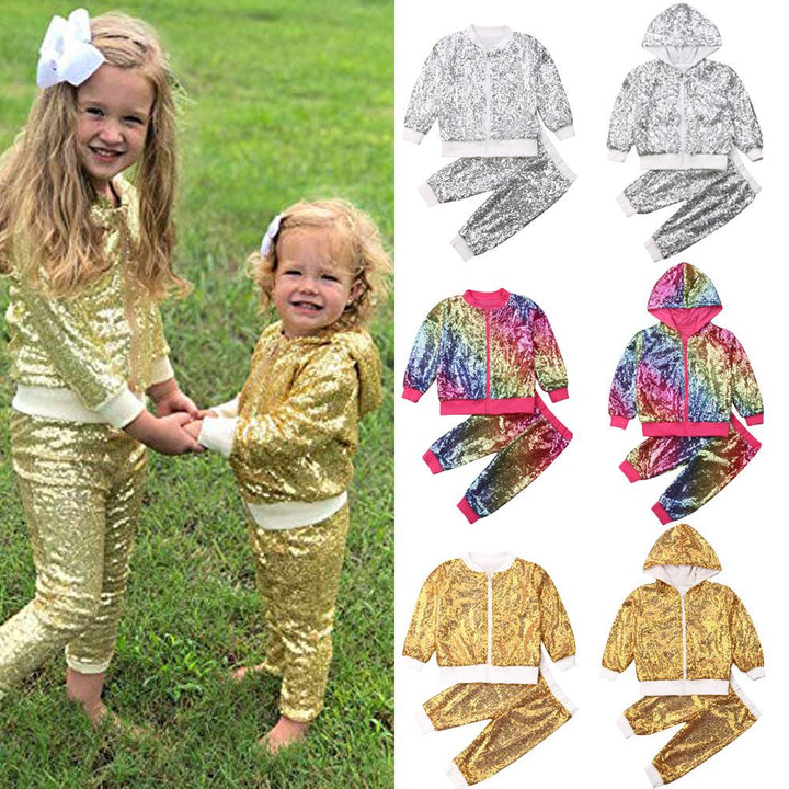 Toddler Kids Girls Outfits Shiny Hooded Zipper Sequin Tops+Bottoms 2 Pcs - MomyMall