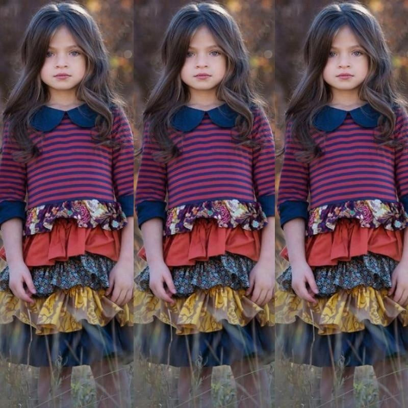 Girls Spring Autum Dress Kids Flower Pastoral Striped Dresses 3-12 Years - MomyMall