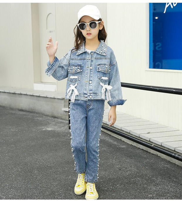 Girl Clothes Casual Korean Style Autumn Jeans Denim Suit Outfits 2 Pcs 4-14 Years - MomyMall