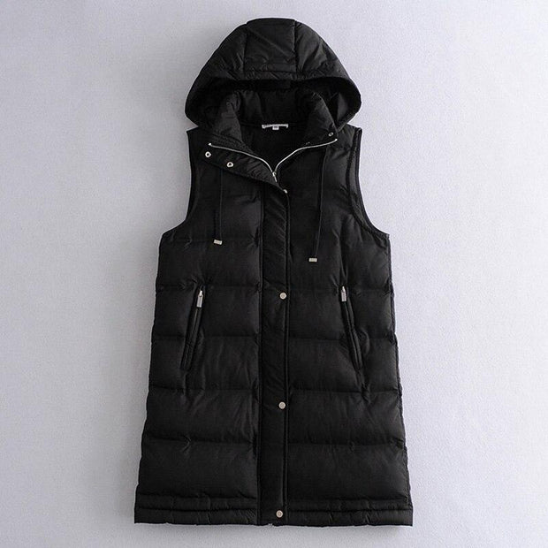 Mid-Thigh Hooded Puffer Vest - Warm Puffer Gilet