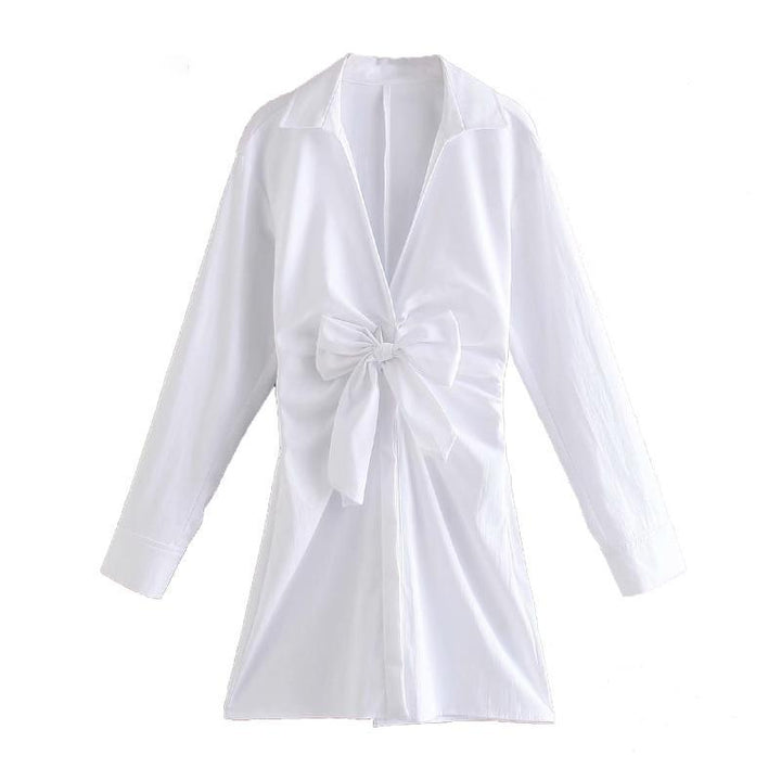 V Neck Shirt Dress With Bow - Long Sleeve Mini Dress - MomyMall WHITE / XS