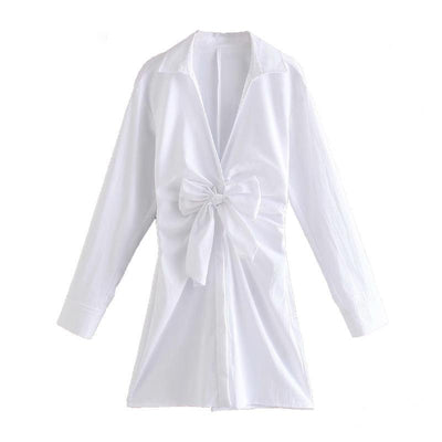V Neck Shirt Dress With Bow - Long Sleeve Mini Dress - MomyMall WHITE / XS