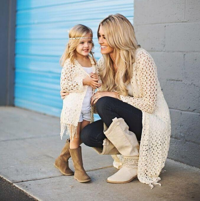 Mother Daughter Family Matching Crochet Coat Lace Shirts