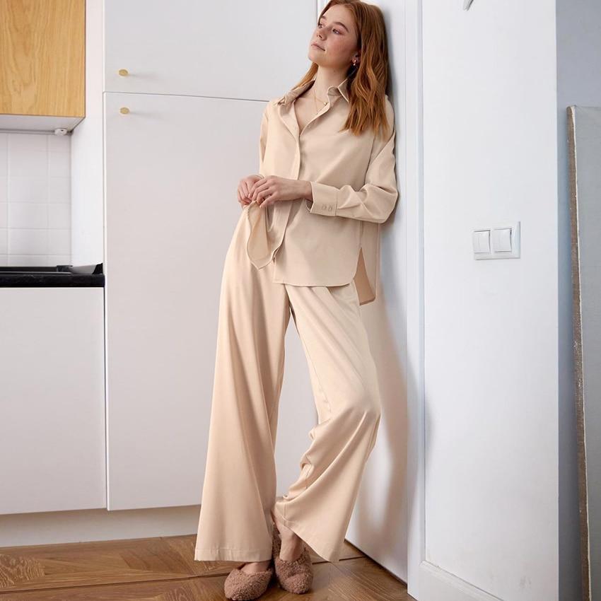 2 Piece Satin Loungewear Set - Oversized Shirt & Wide Leg Trousers Co-Ord - MomyMall KHAKI / S