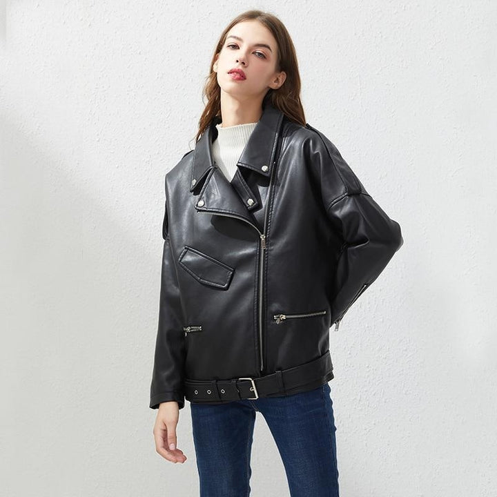 Faux Leather Oversized Biker Jacket With Belt
