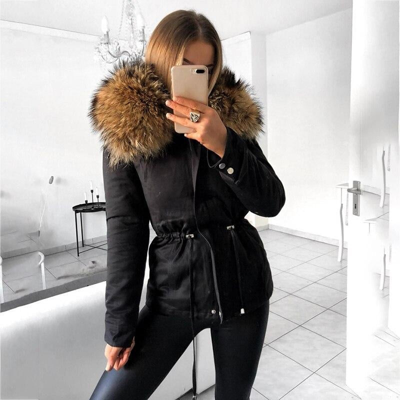 Big Faux Fur Trim Hooded Coat With Belt