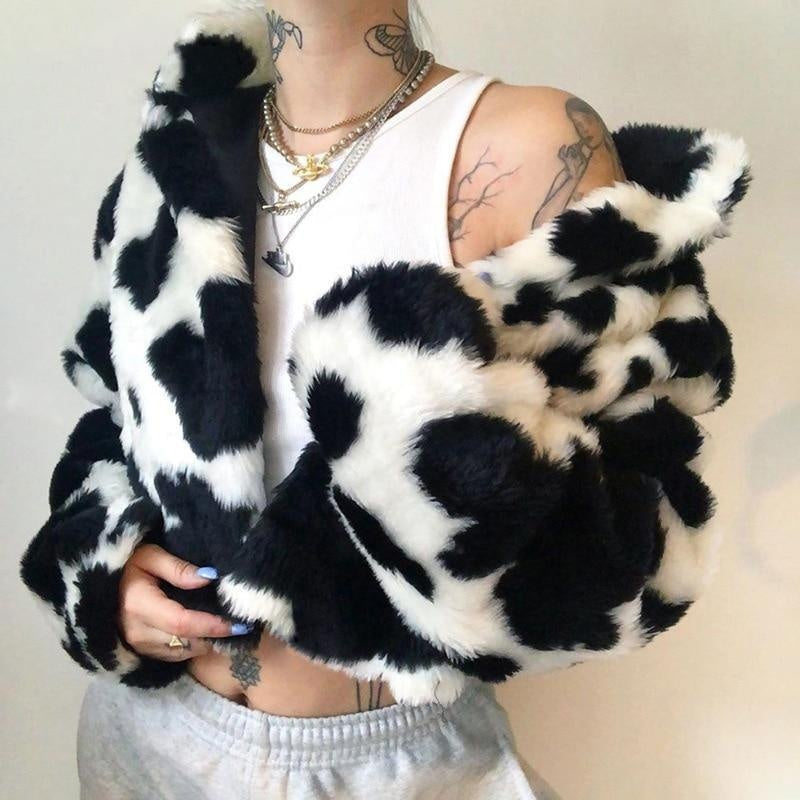 Faux Fur Cow Print Crop Coat