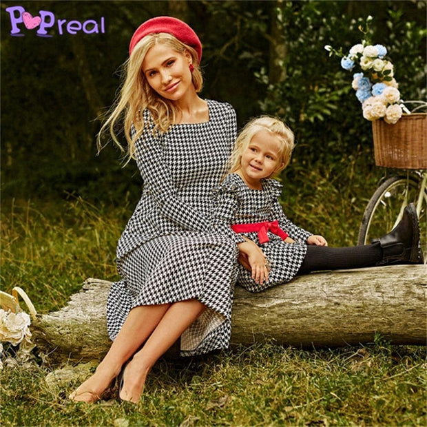 Family Matching Autumn Fashion Print Bow Mom Daughter Dresses - MomyMall