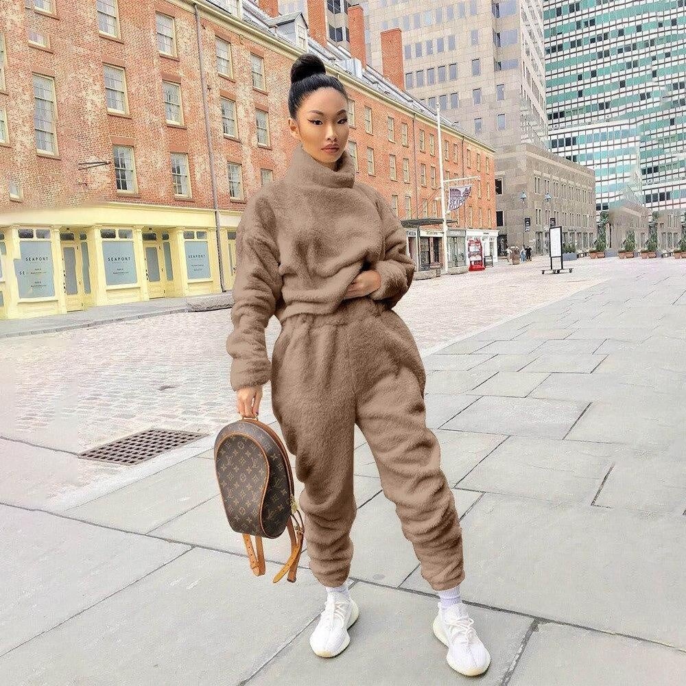 Two Piece Fleece Loungewear Set - Long Sleeve Turtleneck Tracksuit - MomyMall BROWN / S