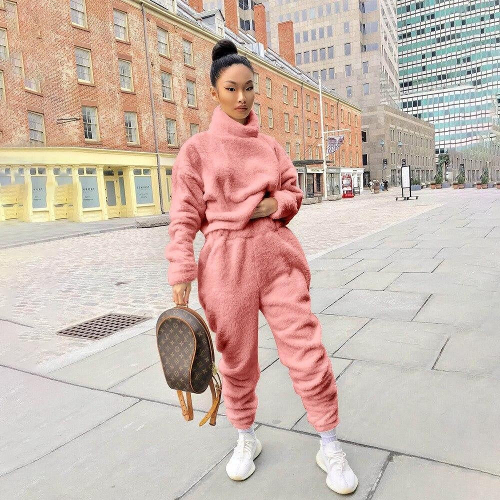 Two Piece Fleece Loungewear Set - Long Sleeve Turtleneck Tracksuit - MomyMall PINK / S