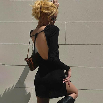 Backless Mini Dress - Velvet Long Sleeve Dress