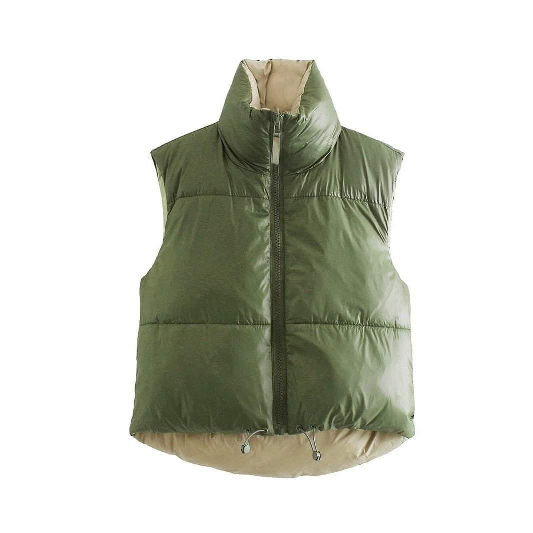 Reversible Drawstring Crop Puffer - Drawstring Zipper Body Warmer Vest