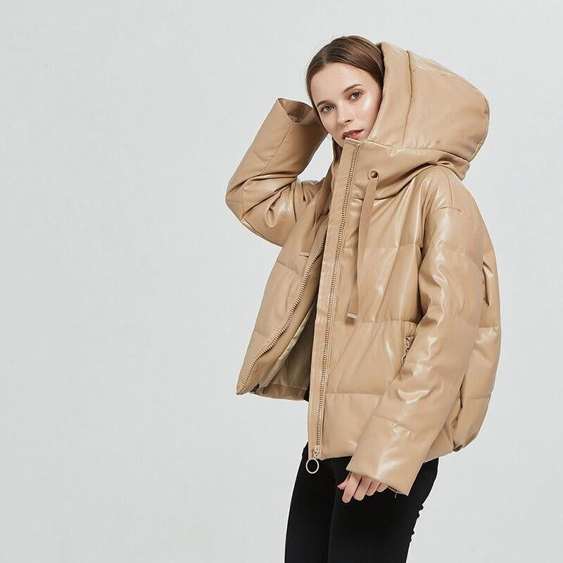 Faux Leather Bubble Coat With Drawstring Hood