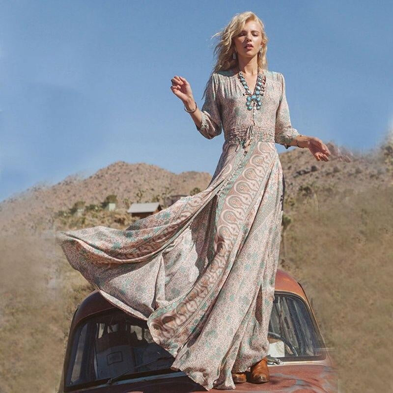 Boho Country Chiffon Maxi Dress With Front Split - MomyMall