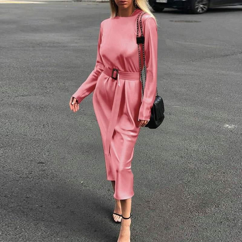 Long Sleeve Satin Midi Dress With Belt - Plus Size Satin Summer Dress - MomyMall PINK / S