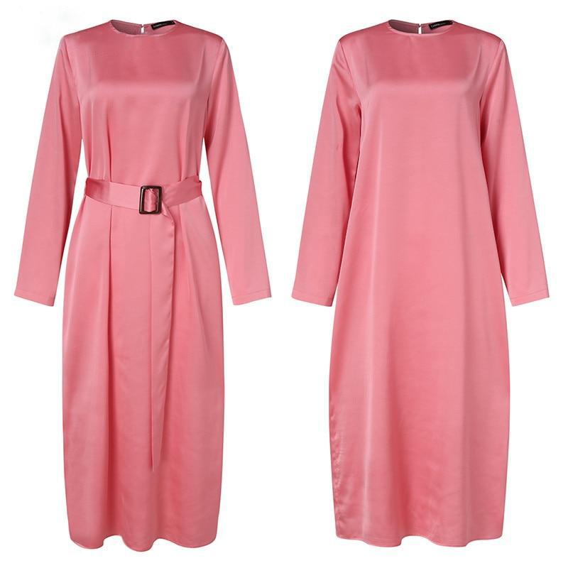 Long Sleeve Satin Midi Dress With Belt - Plus Size Satin Summer Dress - MomyMall